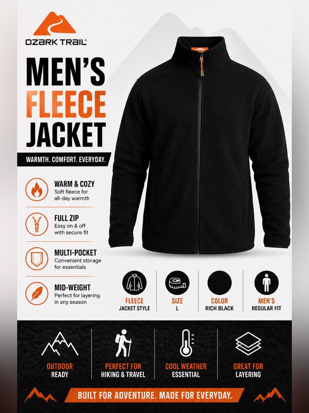NWT Ozark Trail Men’s Full Zip Fleece Jacket Black Size Large L Polar Soft Warm - Picture 2 of 11